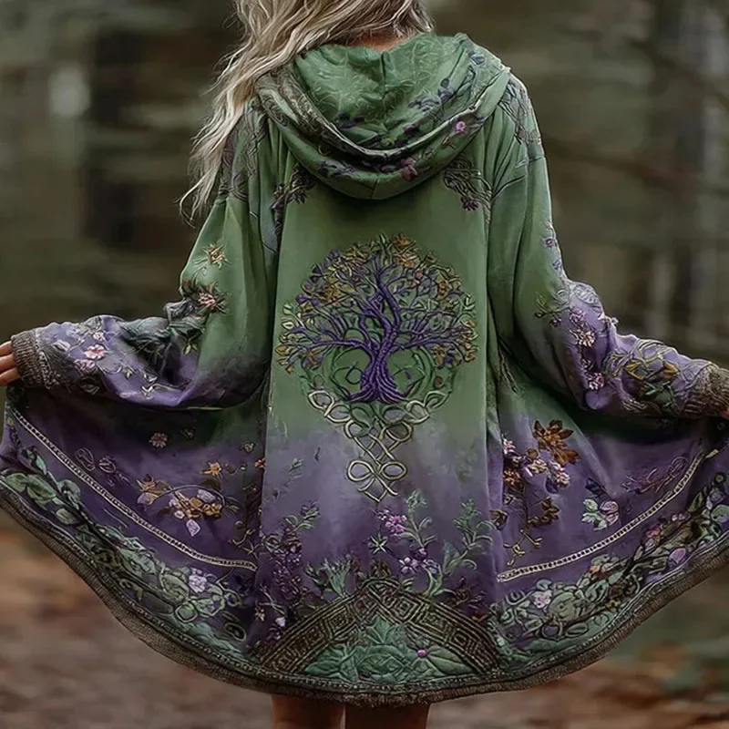 Damski płaszcz trencz na Halloween z nadrukiem retro, nowa moda, luźny, długi kardigan z kapturem, jesienna kurtka z długim rękawem i kapturem.