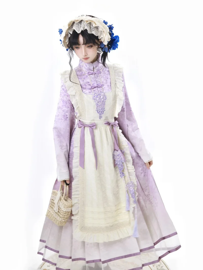 

Original Lolita Women Daily Cute Sweet Pastoral Style CLA Series Retro Print Stand Collar Long Sleeve Purple Long Dress Apron