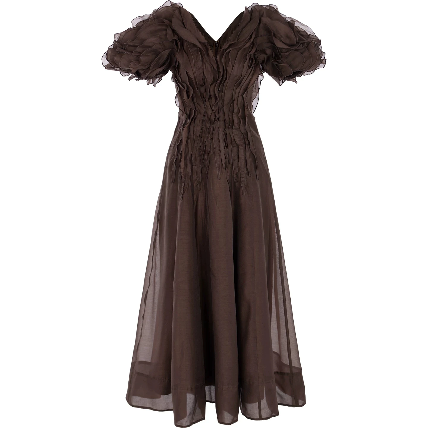 RRP$709 Vintage Ruffles Pleated Puff Sleeve High-waist V-neck Court Midi Evening Dress AU6-AU12