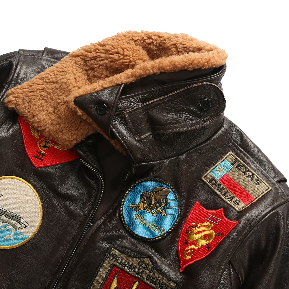 Top Gun 100% Genuine Jackets Cowhide Woolen Collar Brown Black Clothings Motorcycle Embroidery Unisex Real Leather Coat