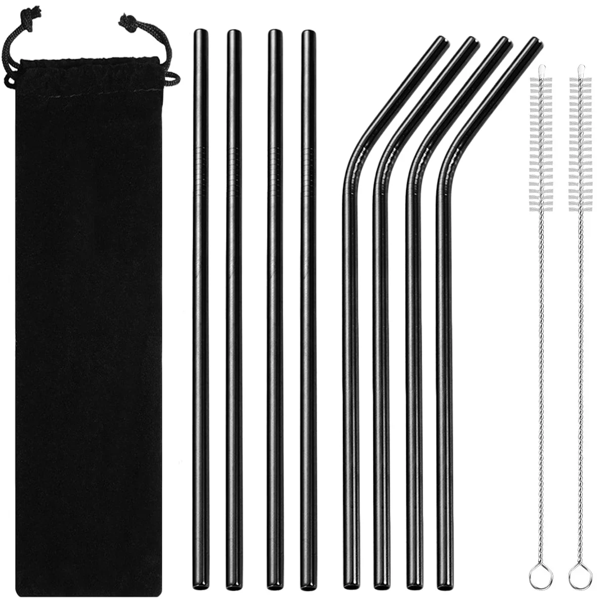 8Pcs Stainless Steel Straw Set Straight Curved Drinking Straw Set Juice Milk Tea Straw Bar Party Kitchen Accessories
