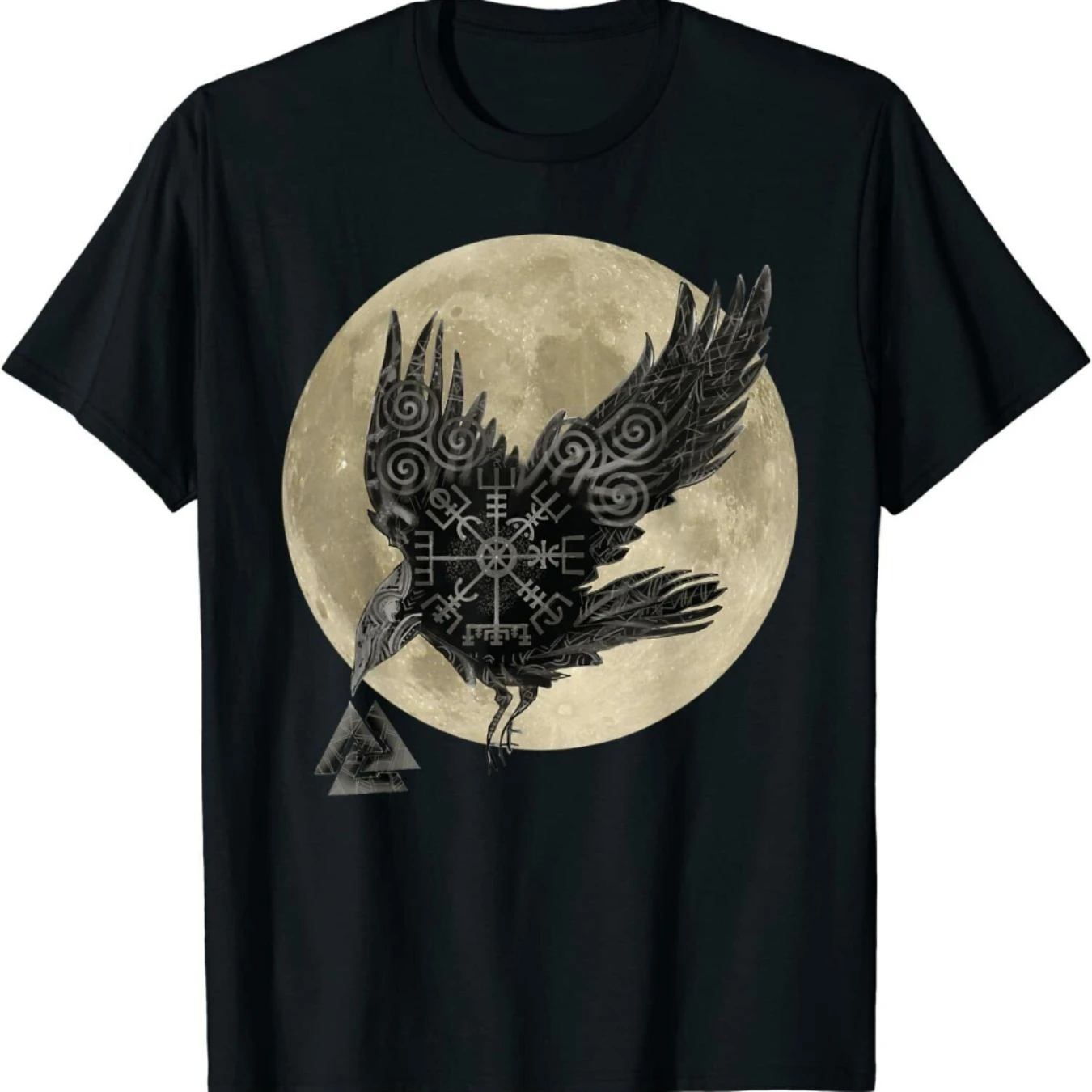 

Retro Norse Myth Runes Moon Raven T-Shirt 100% Cotton O-Neck Short Sleeve Summer Casual Mens T-shirt Streetwear