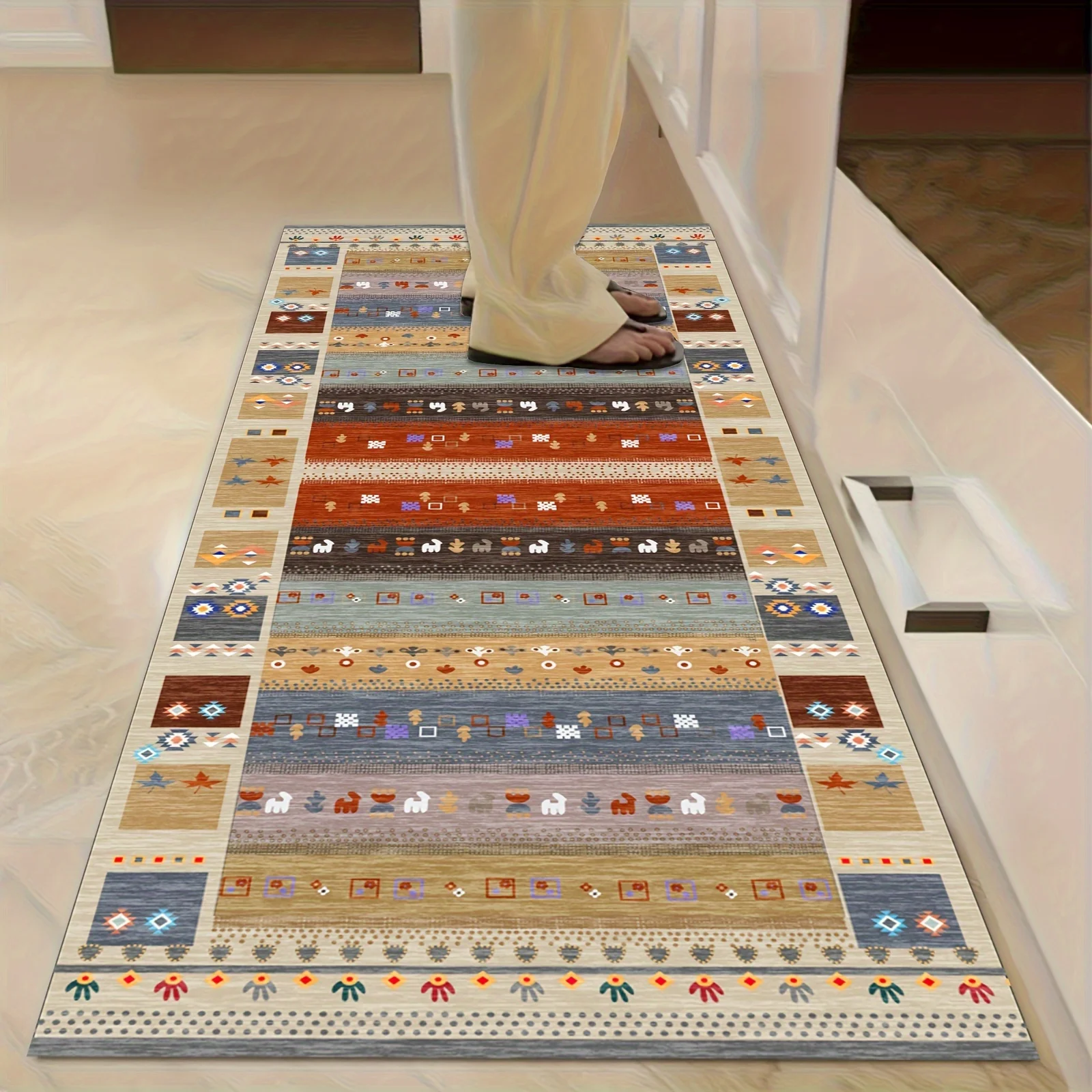 VIKAMA Boho Ethnic Decor Hallway Rug Multicolor Geometric Strip Design Non‑slip Wear‑resistant Entryway Floor Mat