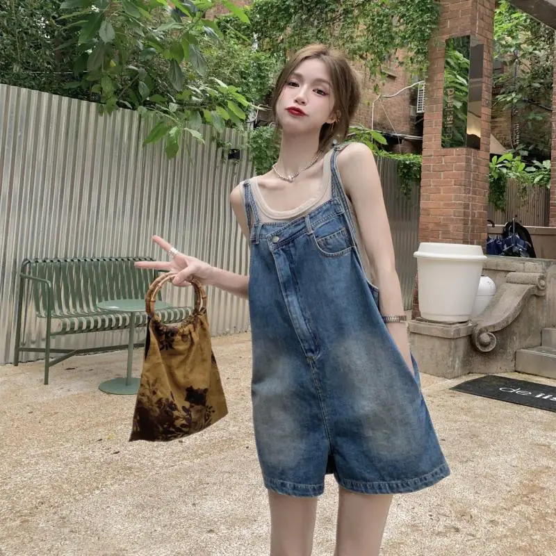 Sweet Denim Overalls Women Summer New Loose Straight Wide-Leg Shorts Niche Irregular Washing Pants