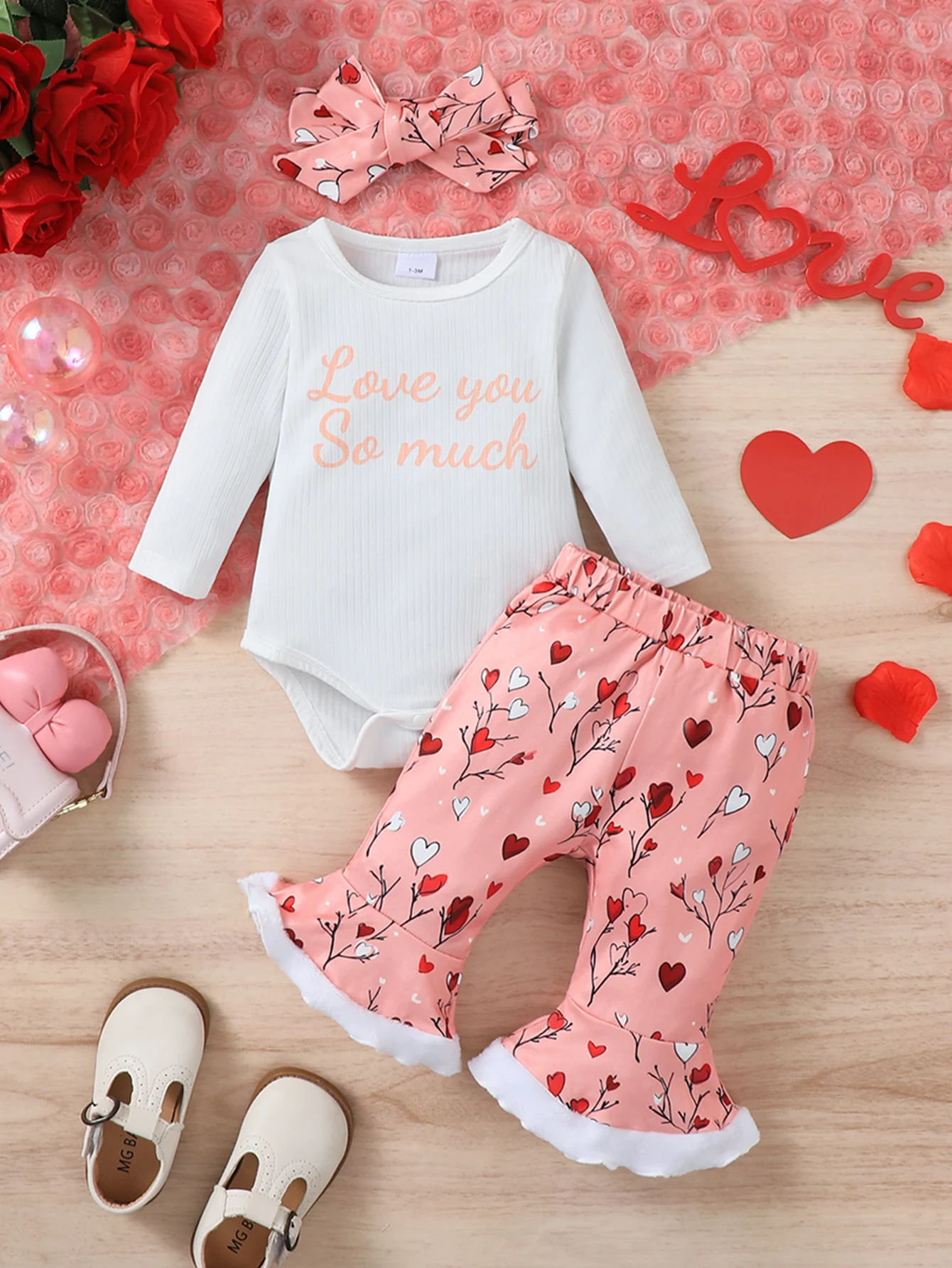 Baby Girl's Fashion Print Long Sleeve Romper + Flared Pants + Headband Autumn Winter Casual Wear Outfit Set