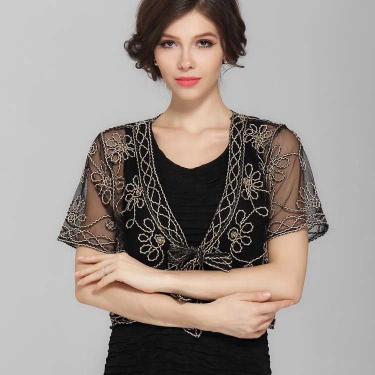Summer Women New Crochet Lace Mesh Shrug Bolero V Collar Short Sleeve Embroidery Flower See-Through Vintage Cardigan Shawl Coat
