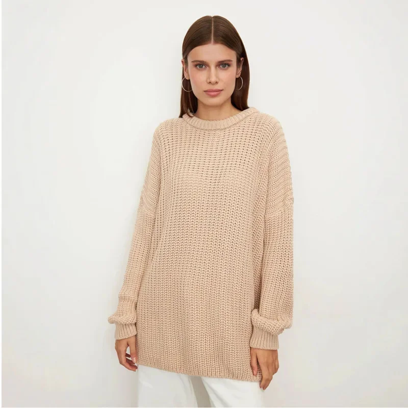 2025 Women Oversized Crew Neck Lantern Sleeve Waffle Knit Pullover Casual Loose Sweater Autumn Winter Fashion New Long Sleeve