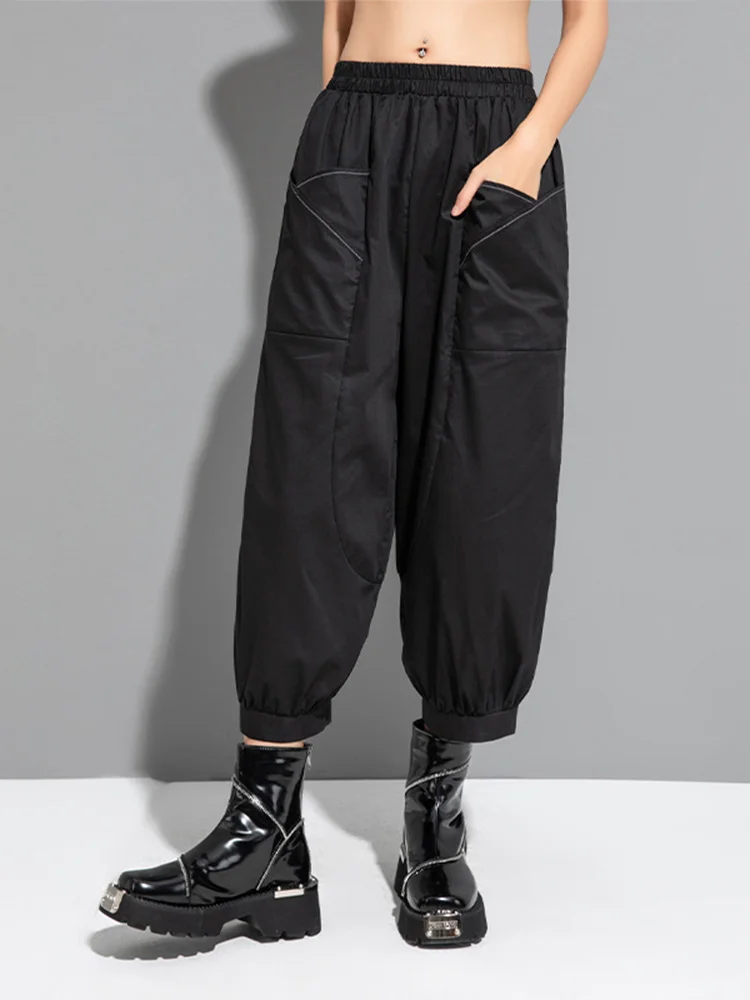 [EAM] High Elastic Waist Black Pocket Thin Casual Harem Pants New Loose Fit Trousers Women Fashion Spring Autumn 2024 1DF6508