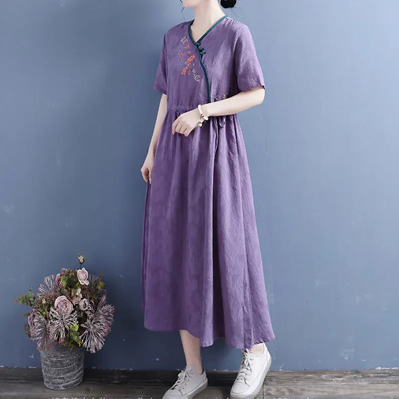 Chinese Disc Buckle V-Neck Dresses Summer New Folk Fashion Embroidery Women\'s Clothing Casual Loose A-Line Drawstring Midi Dress