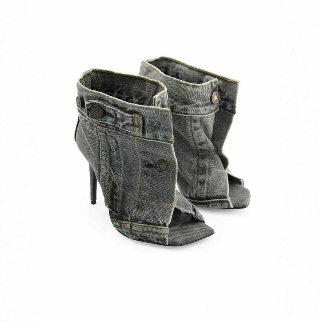 

2025 Autumn New Square Peep Toe Front Buckle Denim Women Sandals Stiletto Super High Heel Punk Street Large Size Lady Calf Botas