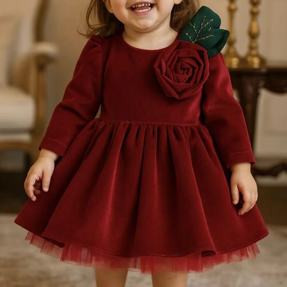 Autumn Baby Girl Sweet Long Sleeve Red Rose Mesh Puffy Dress For Casual Party Birthday Wedding Photography