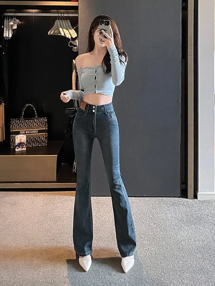 

Утягивающие эластичные джинсы-колокольчики с высокой талией, женские осенне-зимние модные джинсовые джинсы с двойной пуговицей и микро-клеш