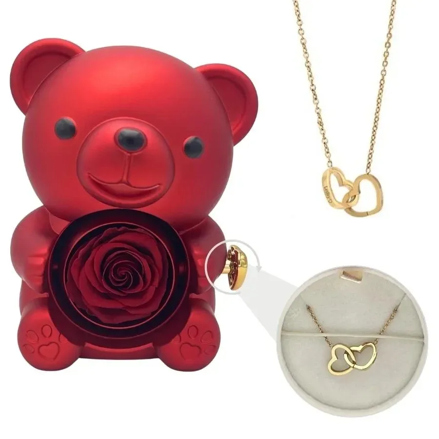 Cajas de Regalo de oso abrazador de rosa para mujer, collar de grabado gratis, flor giratoria de Rosa eterna, regalo de cumpleaños