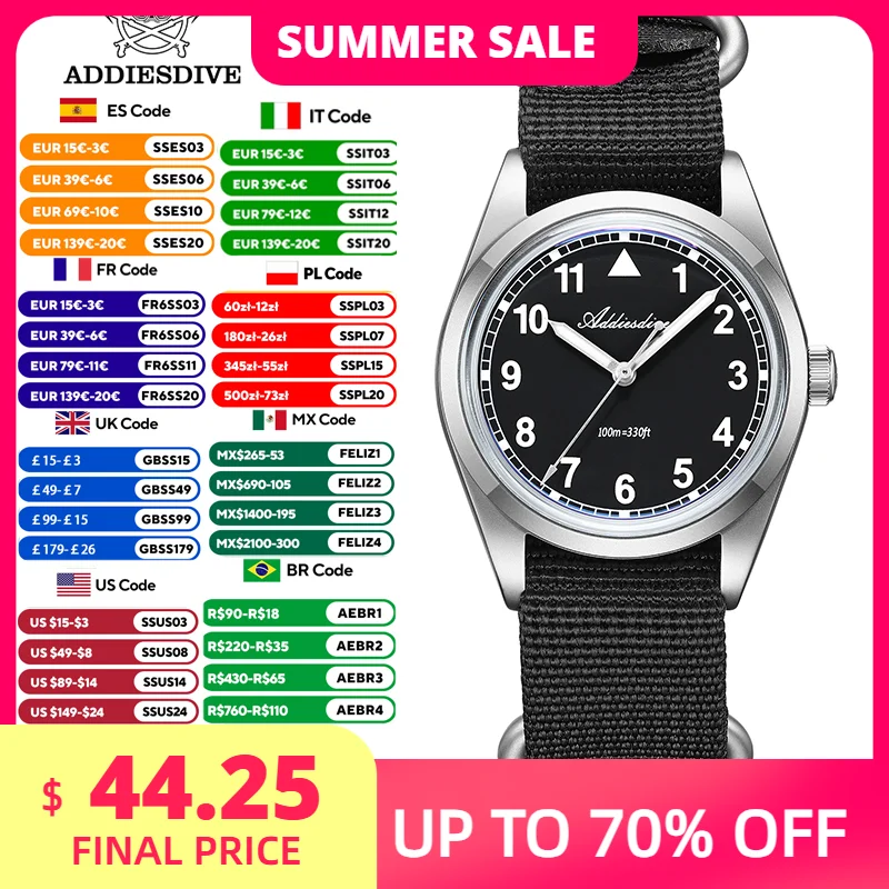 

ADDIESDIVE Quartz Watch 36MM Luxury Bubble Mirror Glass VH31 Movement Men Watches 10Bar Waterproof Luminous Fashion Diving Watch