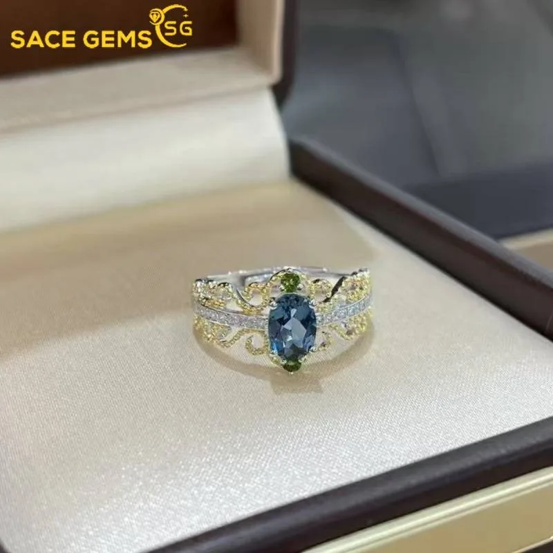 

SACEGEMS 925 Sterling Silver 5*7mm Natual London Blue Topaz Luxury Rings for Women Created Wedding Engagement Party Fine Jewelry
