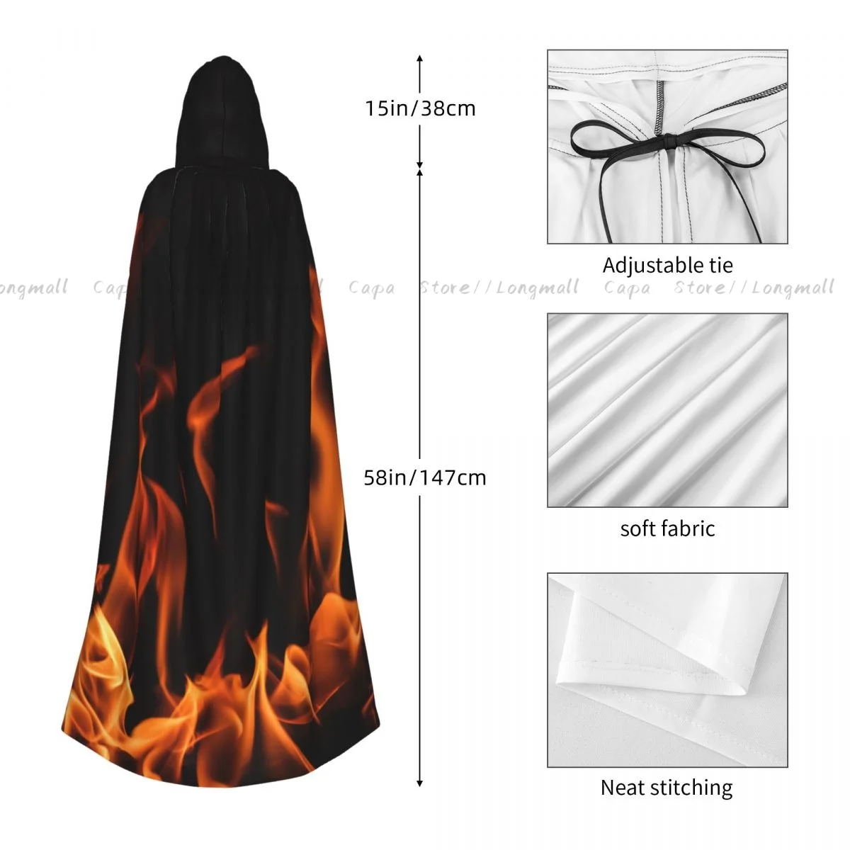 Flames Of Fire Background Hooded Everak Coat, Halloween Cosplay Costume, Vampire, SAFWizard Cape, Gown Party