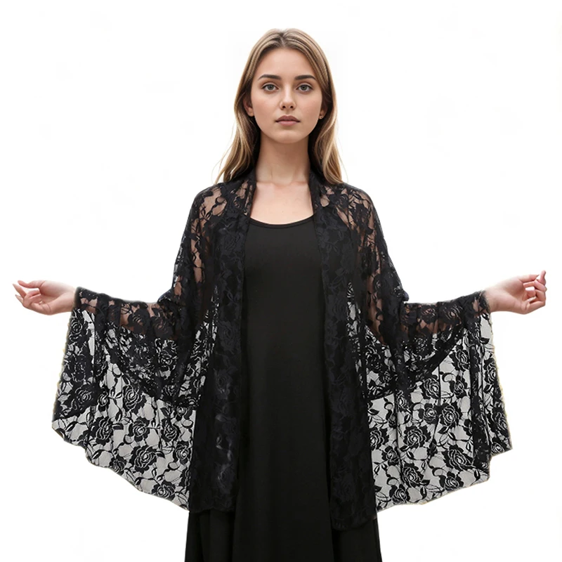 Black Lace Flower Long Soft Scarf Rose Elegant Muslim Women Fashion New Wrap Shawl Stoles Wrap Factory Wholesale170*70cm