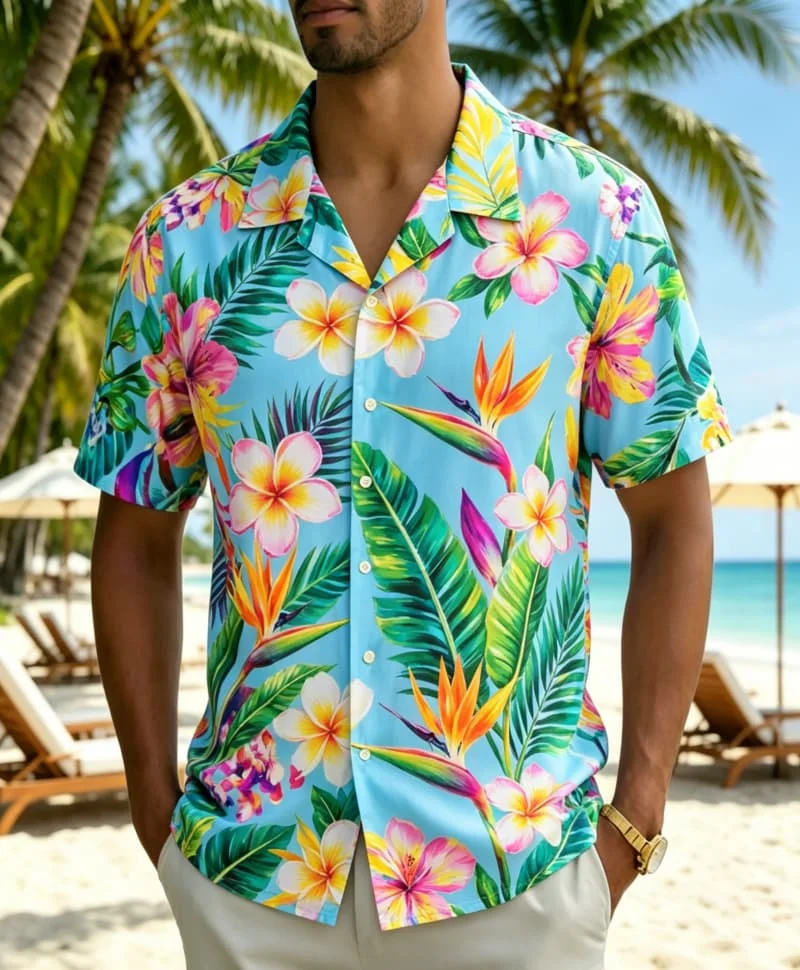 Men's tropical bio floral printed Hawaiian shirt, for party events, nightclub celebrations, street dressing,casual gatherings