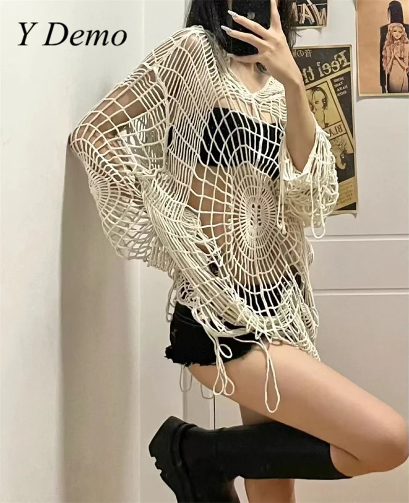 Y Demo Y2k Hollow Out Spider Web Women Hooded Knitted Sweater Loose Grunge Sexy Long Pullover