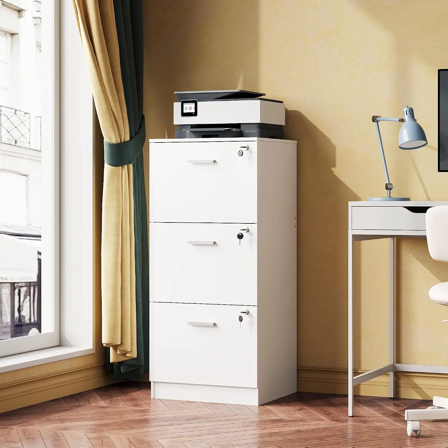 Wood File Cabinet with Lock, Vertical 3 Drawer Filing Cabinet for Home Office, Office Printer Stand for Letter and A4 Size (Whit