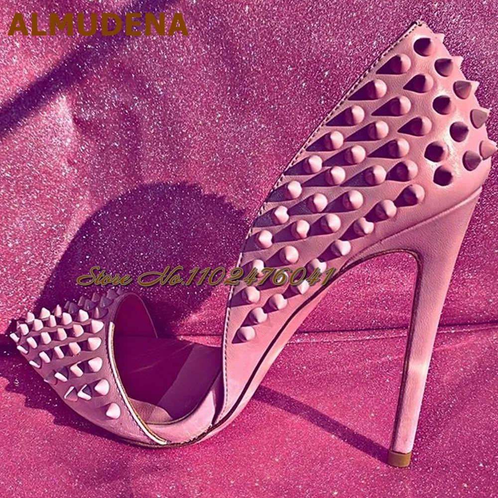 

ALMUDENA Pink Black Irregular Shallow Cut Full Rivets Pumps 12Cm Heel Stilettos Pointed Toe Slip-On Evening Shoes Spikes Heels