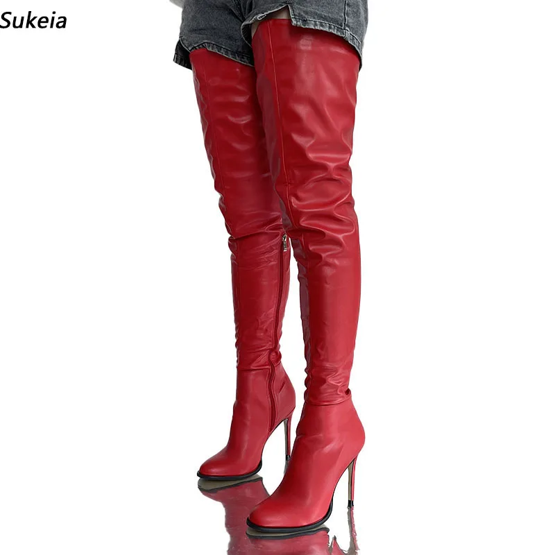 

Sukeia New Arrival Women Winter Thigh Boots Sexy Stiletto Heels Round Toe Gorgeous Red Party Shoes Ladies US Plus Size 5-20