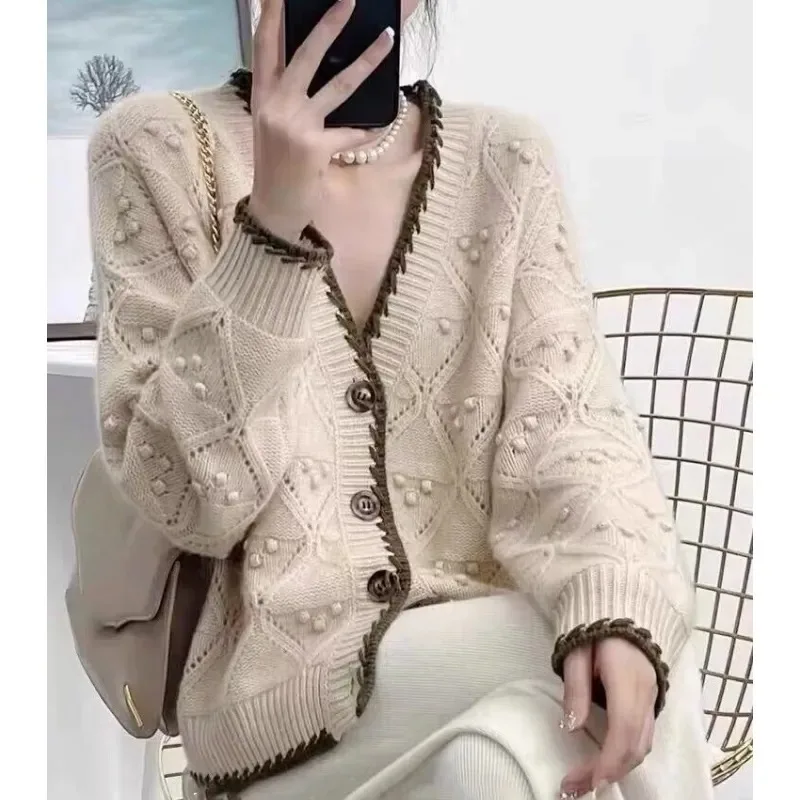 Chic jacquard 100% cashmere knit cardigan Women\'s autumn/winter lazy V-neck sweater Loose wool coat