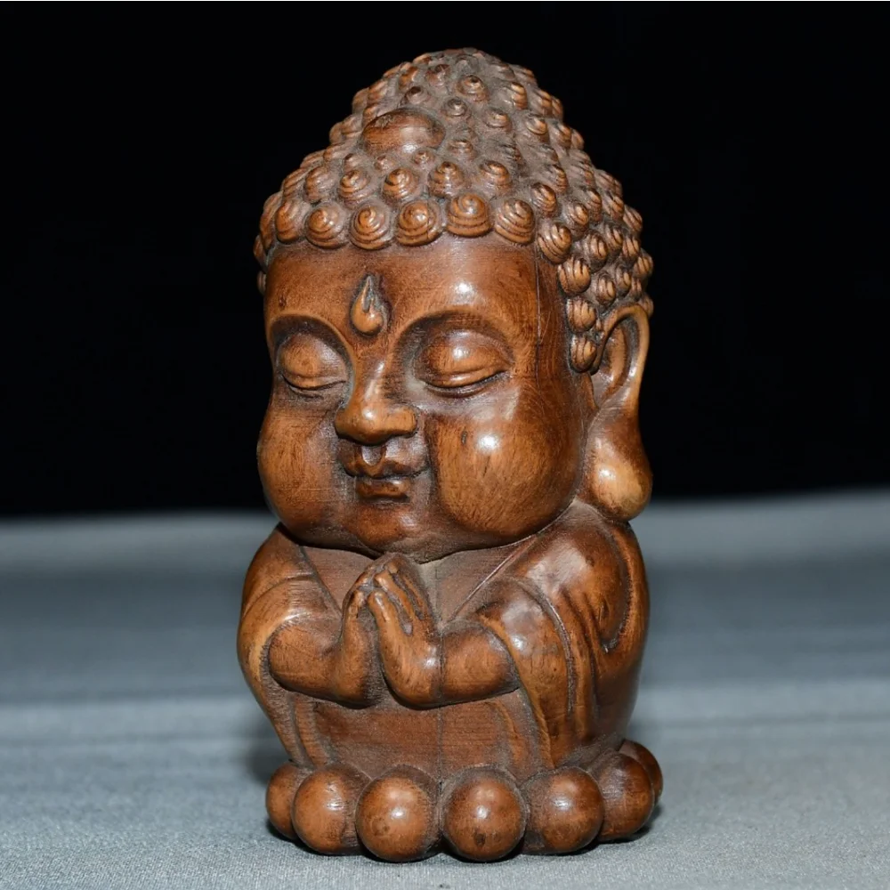 Hand Carved Boxwood Praying Baby Buddha Figurine Vintage Wooden Little Buddha Desktop Decor Craft Gift