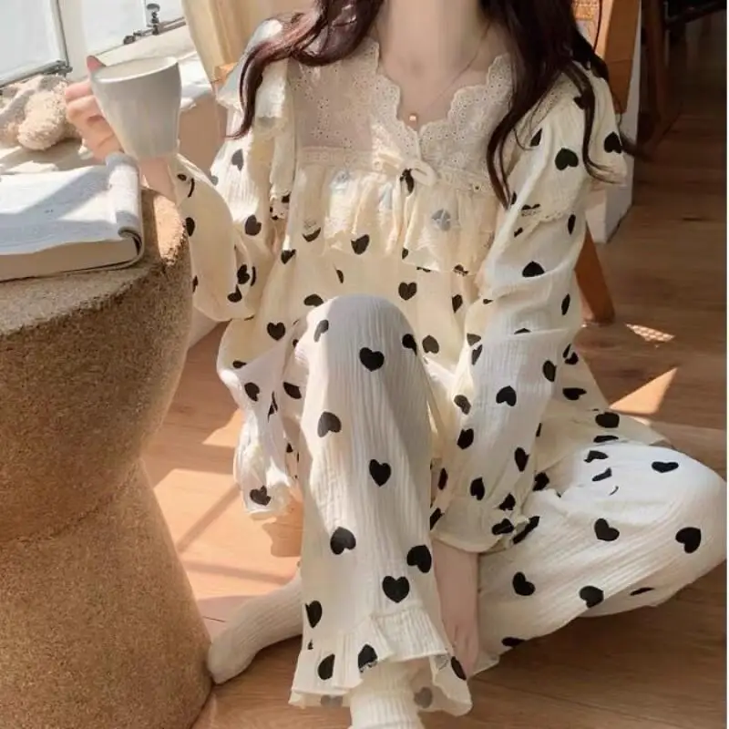 

Женский пижамный комплект с маленьким сердечком, кружевной пижамный комплект с длинными рукавами, пижамный комплект для дома, пижамный комплект, мягкий пижамный комплект