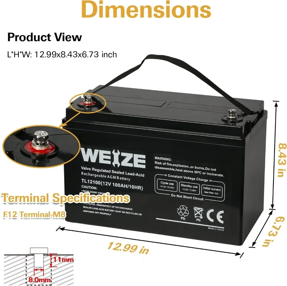 Deep Cycle AGM 12 Volt 100Ah Battery, Maintenance-Free, 3% Self-Discharge Rate, 1150A Max Discharge Current,Perfect for RV,Solar