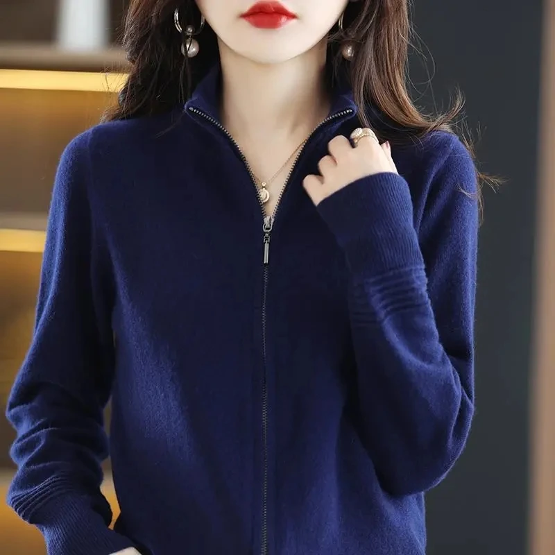 2023 Autumn Winter New Knitted Sweater Women Cardigans Thick Slim Stand Collar Zipper Cardigan Jacket Female Casual Knitwear Top