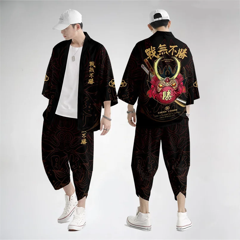 

Japanese Traditional Clothing Invincible Print Kimono Pants Men Retro Yukata Asia Fashion Tang Suit Harajuku Hanfu Yukata Jacket