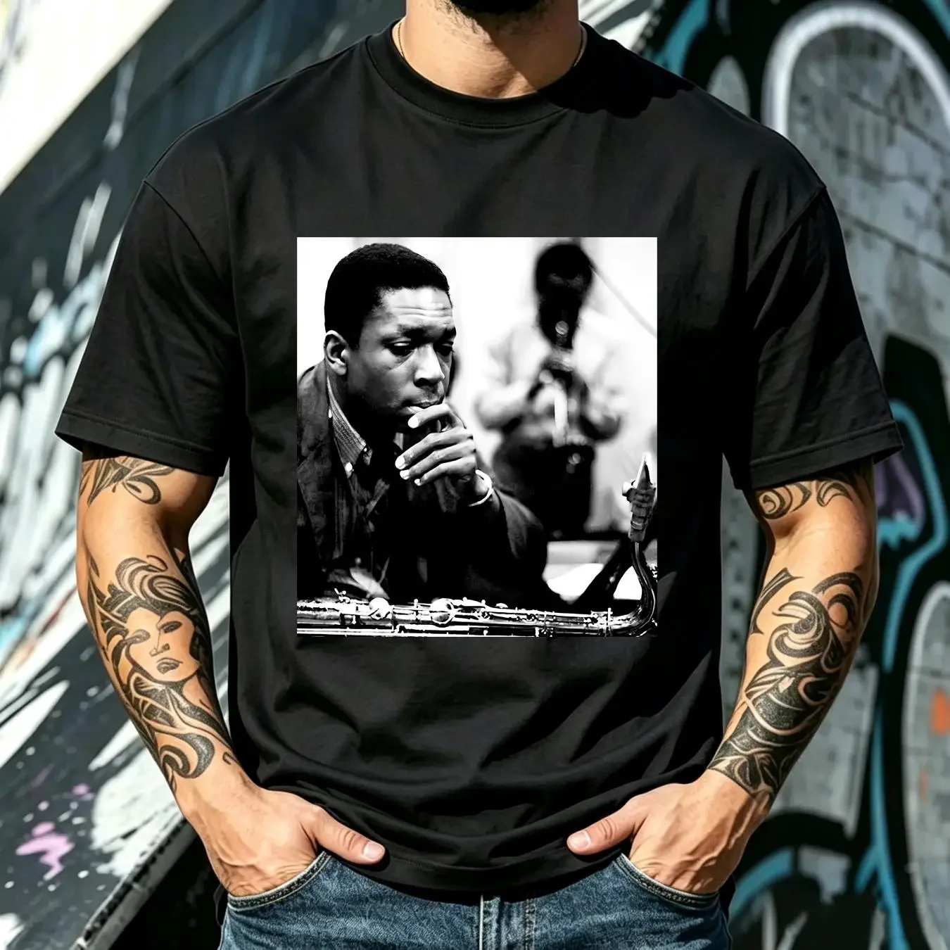 washed T Shirt John Coltrane Contemplative White long or short sleeves vintage Washed Stylish Slightly Casual designer clothes