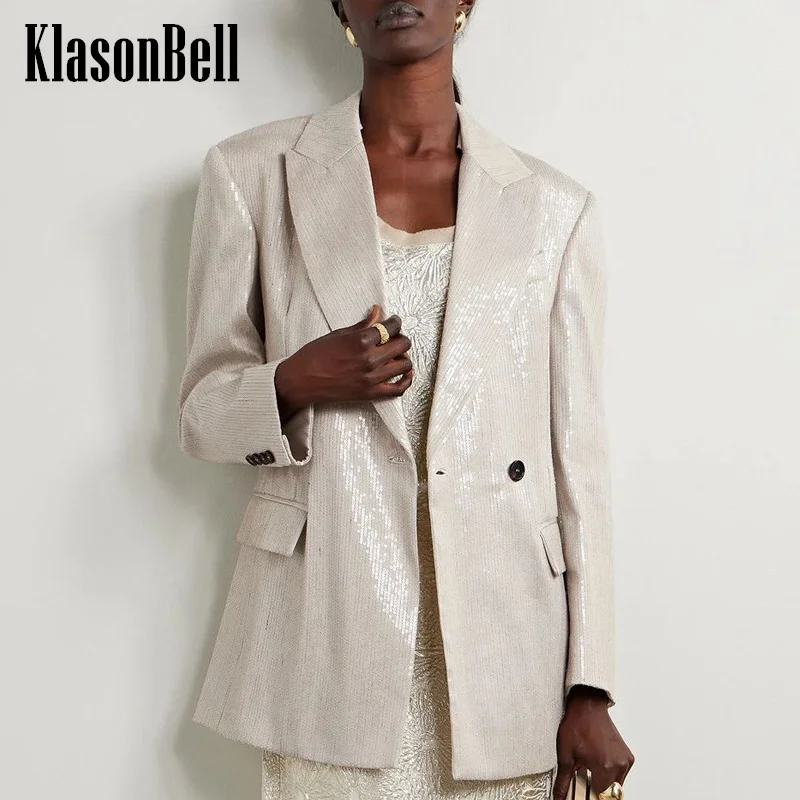 

3.18 KlasonBell Simple All-match Bling Silver Stamping Shoulder Pad Single Button Blazer Or Side Split Long Skirt Set Women