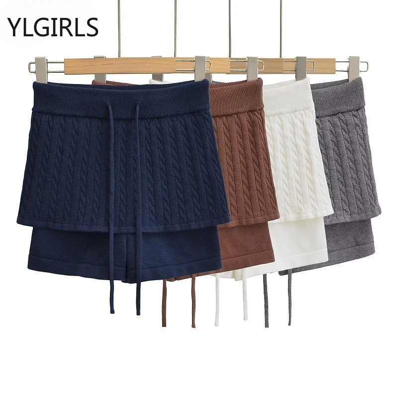 Fake Two-piece Solid Color All Match Knitted A-line Skirt Women 2024 Autumn New High Waist Drawstring Sexy Slim Mini Skirt