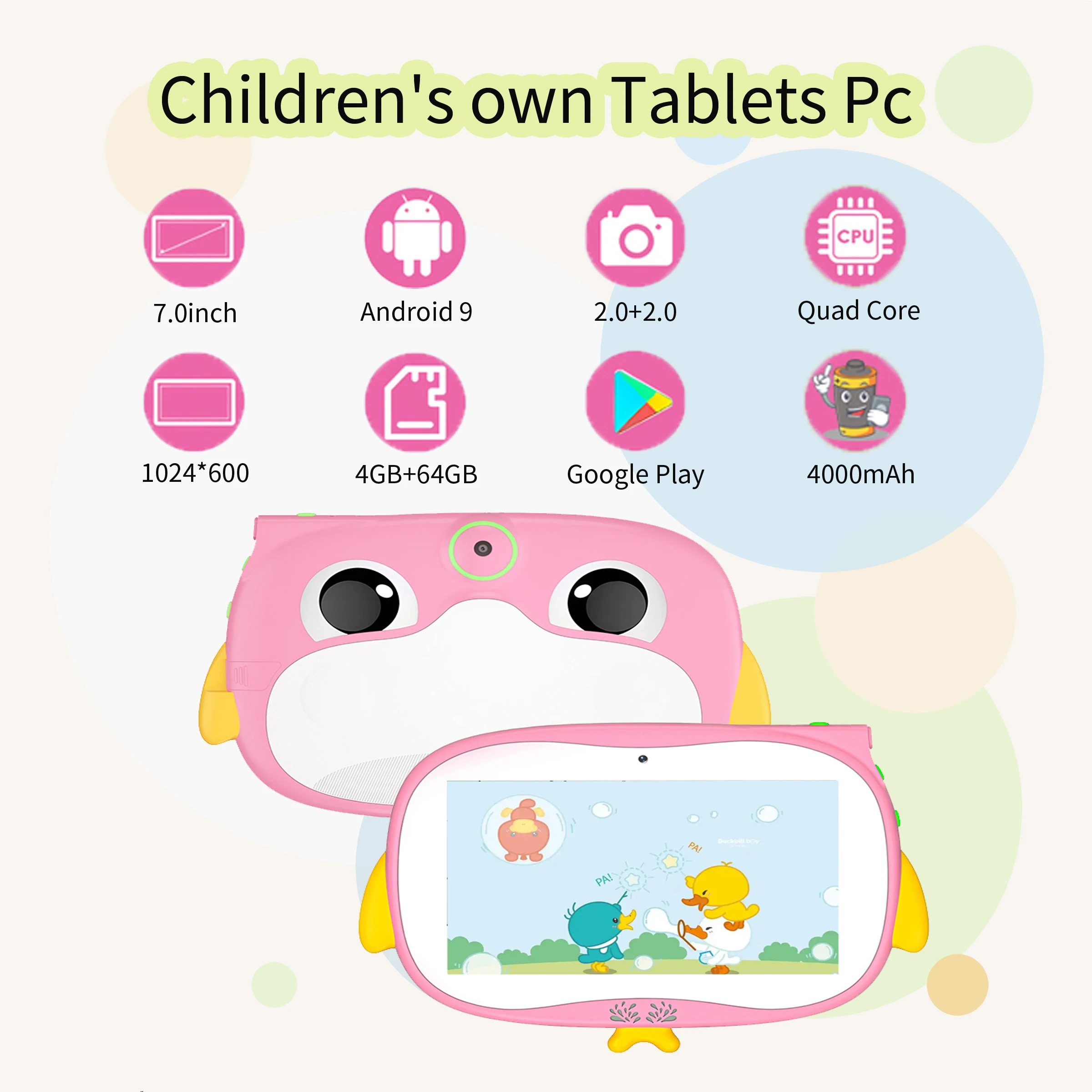 ペンギン-子供向けのオリジナルのAndroidタブレット,クアッドコア,4GB RAM, 64GB ROM,Google互換,5g wifi,7.0インチ,新品,4000mah