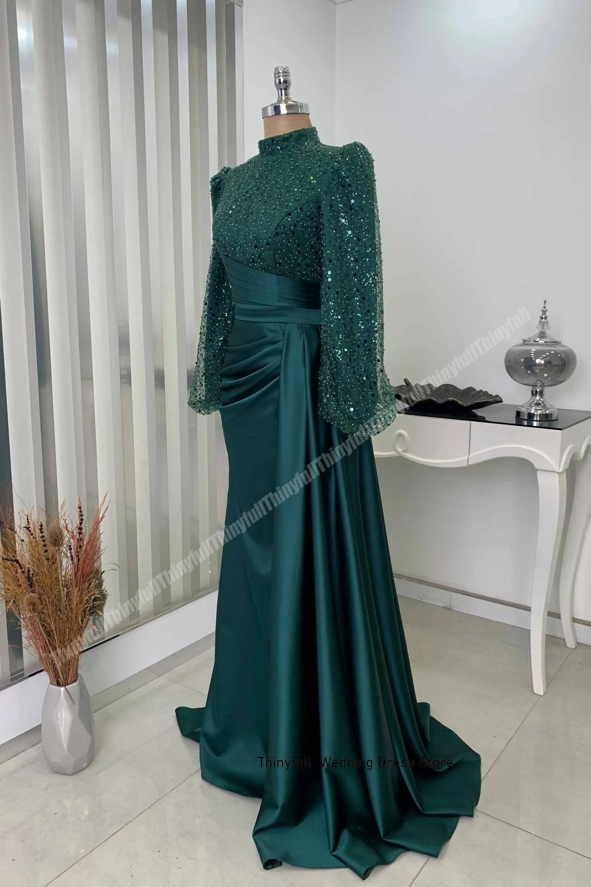 Thinyfull Muslim Mermaid Prom Dresses High-neck Long Sleeves Engagement Gown Satin/Sequin Formal Occasion Dress Customized