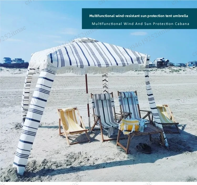 four‑corner square beach umbrella solid wood cotton tassels uv protection seaside camping custom logo