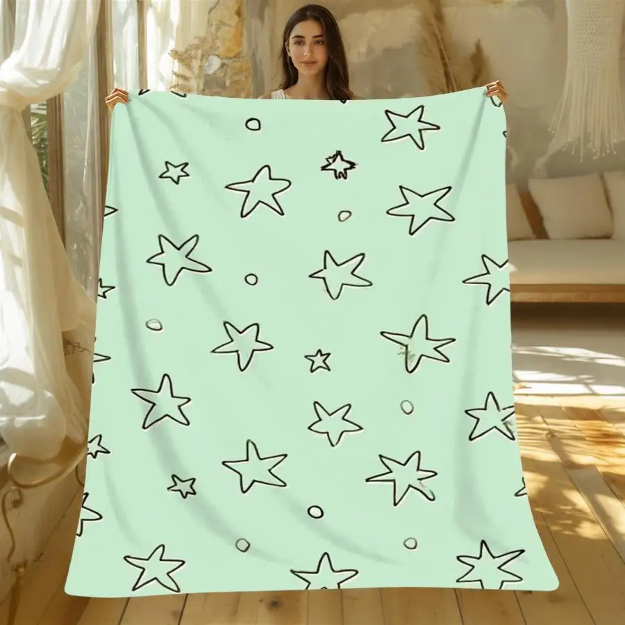 1pc Soft Mint Green Flannel Blanket with Hand-Drawn Star Pattern - Cozy All-Season Bedspread & Throw Suitable for,, Room, Holiday Gift, Contemporary Bedding for And
