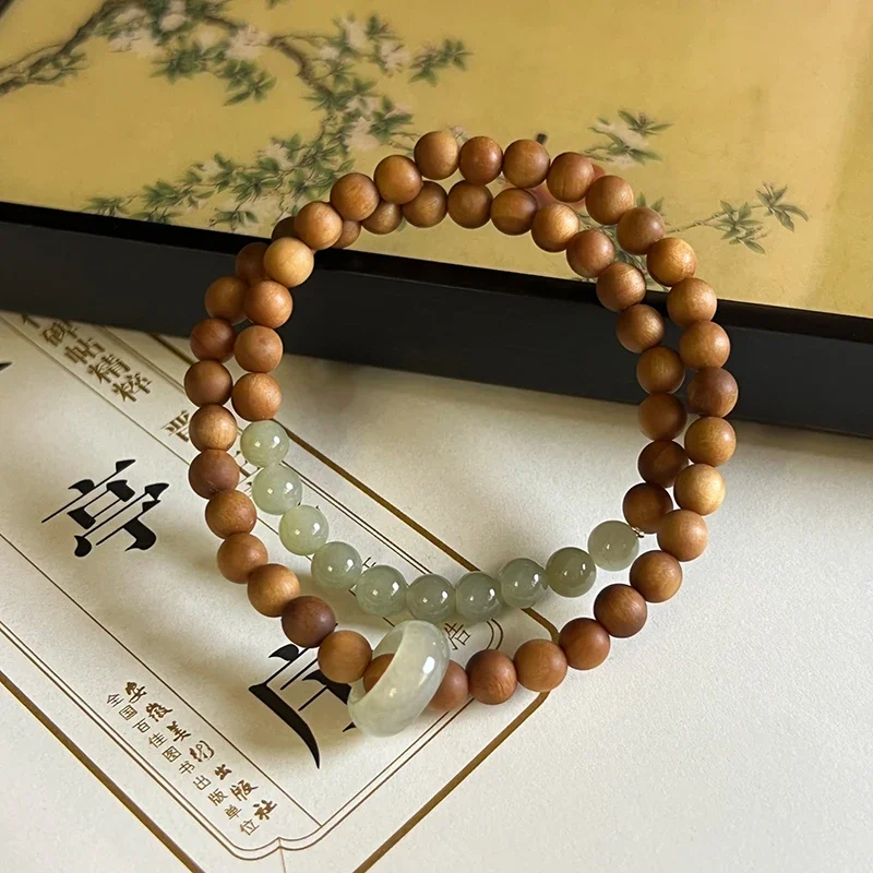 Barbie Tan Hetian  Jade Double Loop Hand String with Milk Flavor  Handmade Vintage Wood  Handheld Simple Men and  Women