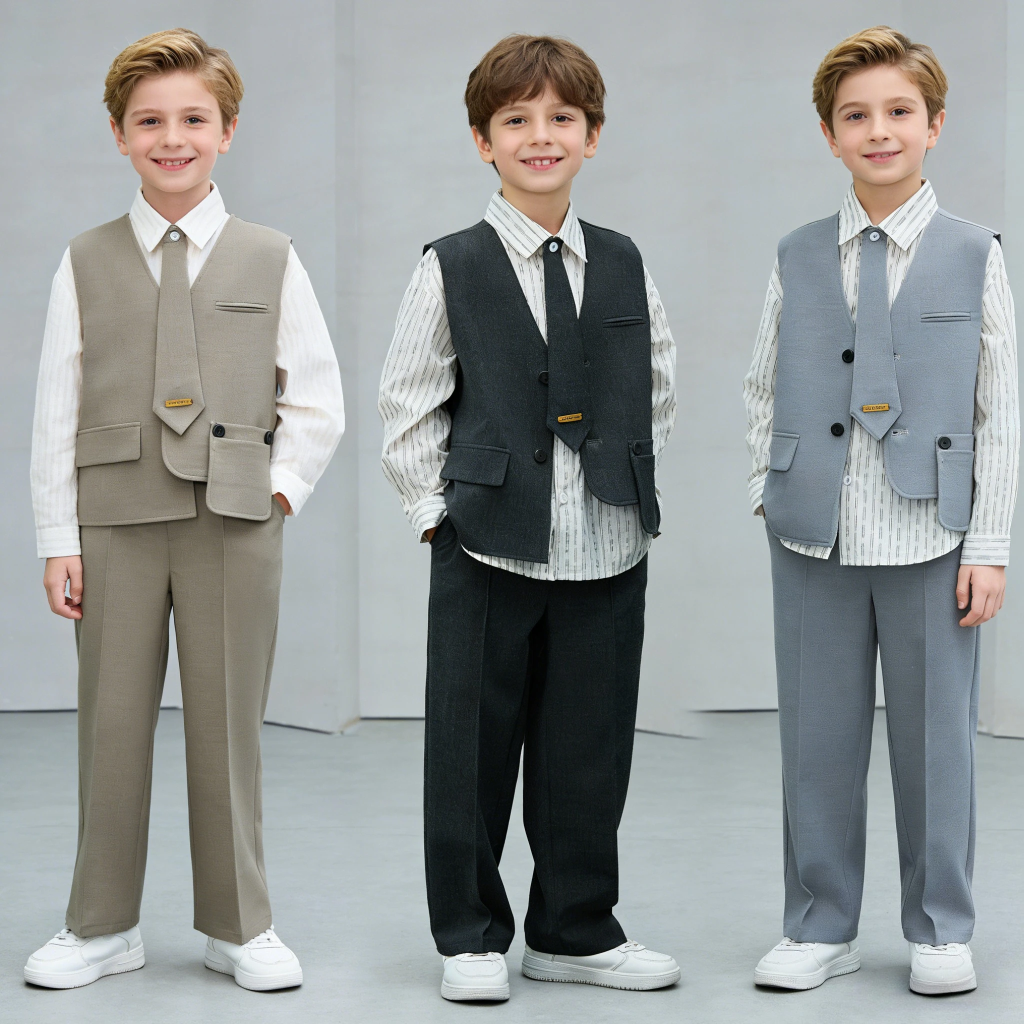 

Boys Pocket Design Vest Suit Set Kids Casual Formal Outfit with Striped Shirt Tie Wide Leg Pants for Wedding Host Performance