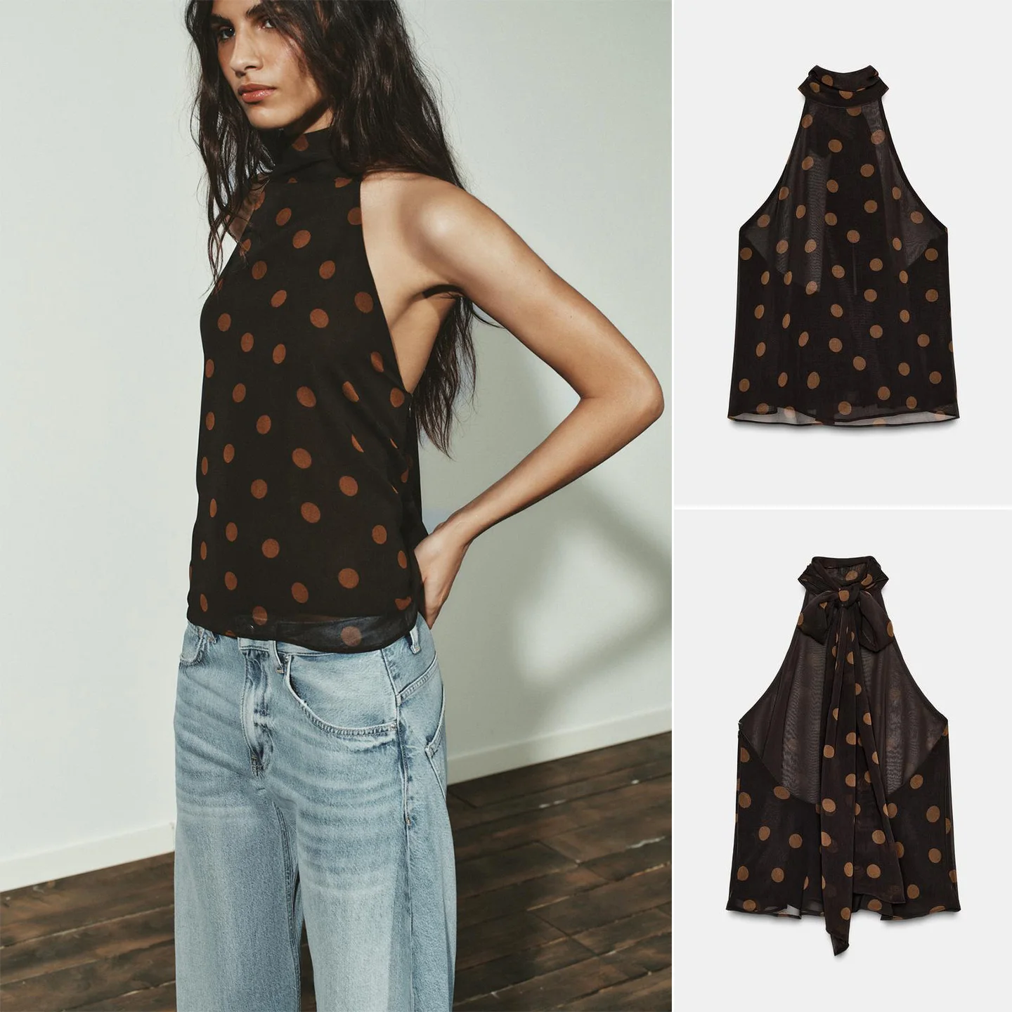 

Winter New Women's Holiday Sle Knot Belted Polka Dot Georgette Hanging Ne Collar Top Polyester Fiber ort Length