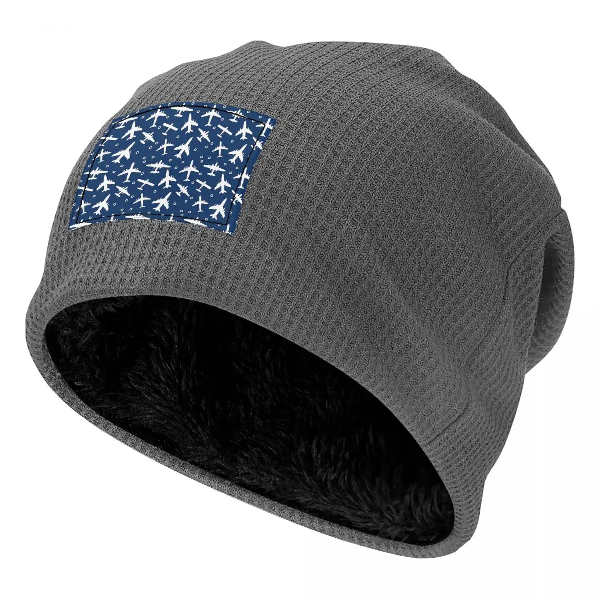 Blue And White Aeroplanes Silhouette Pattern Waffle Knit Fleece Lined Beanie with PU Leather Patch Unisex Warm Winter Soft Cap