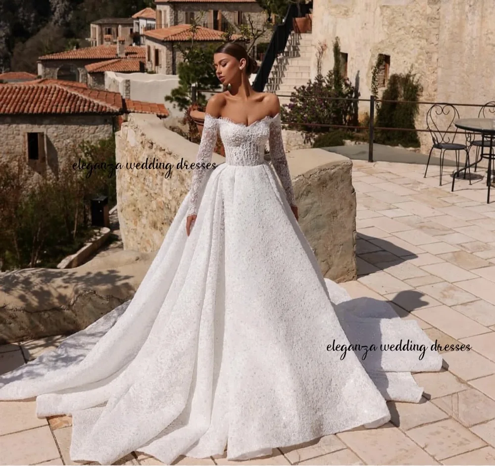 فستان زفاف دانتيل أنيق ومثير مخصص، فستان زفاف نسائي بياقة حلوة وأكمام طويلة فيستدو دي نوفيا 2025