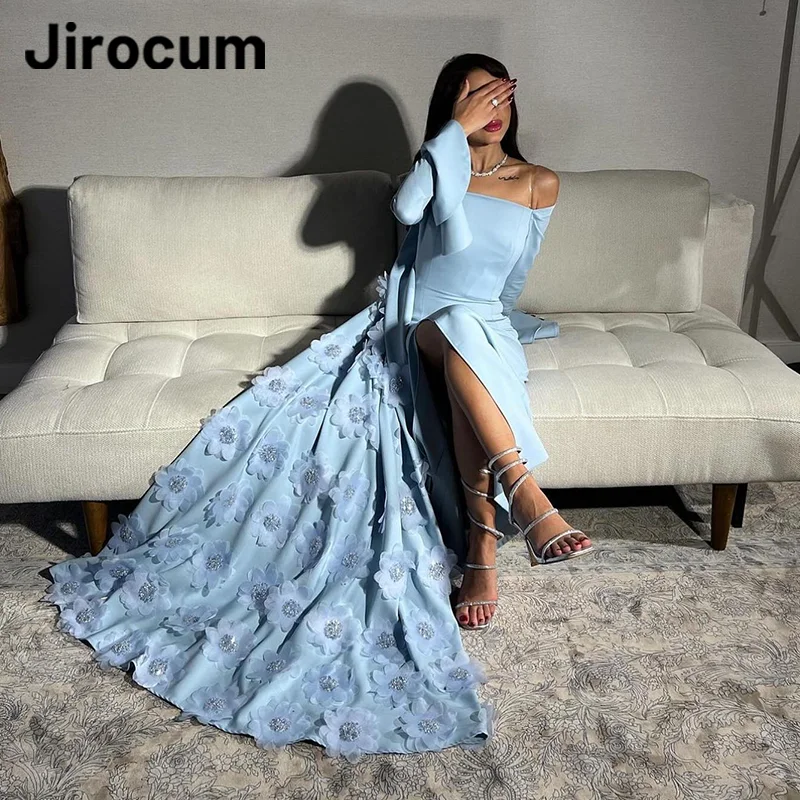 Jirocum gaun pesta Prom wanita, gaun malam Formal elegan kustom kristal bermanik-manik bunga biru antik