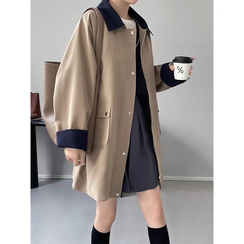 

Spring Autumn Casual Korean Fashion Medium Long Overcoat Loose Windproof Coat Women Trench Coat Solid Color Pocket