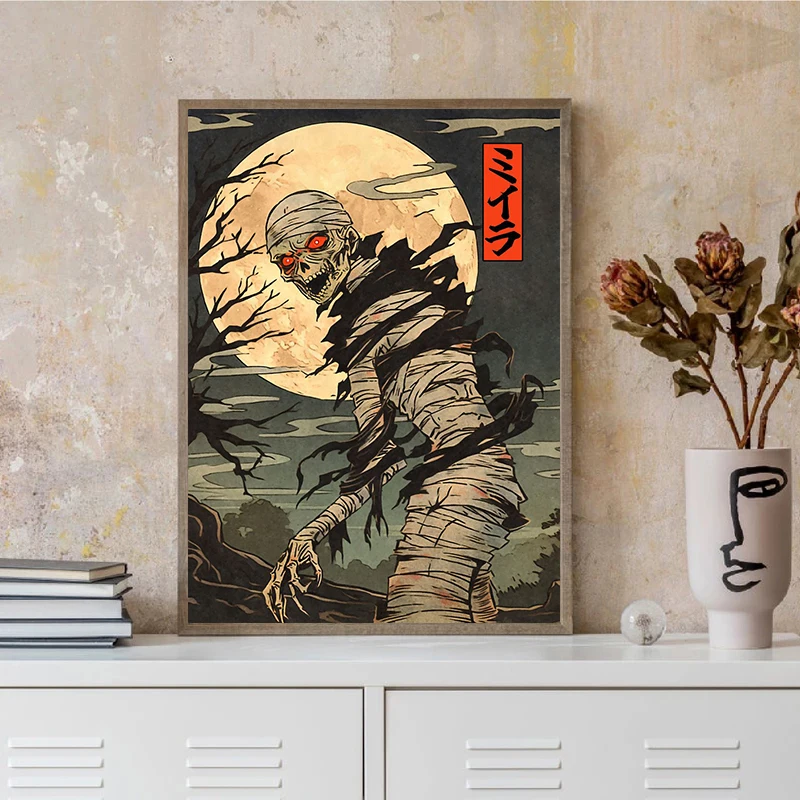 Japanese Mummy Halloween Art Wall Prints Rising Skeletons Ghost Poster Canvas Painting for Living Room Home Bedroom Decorations