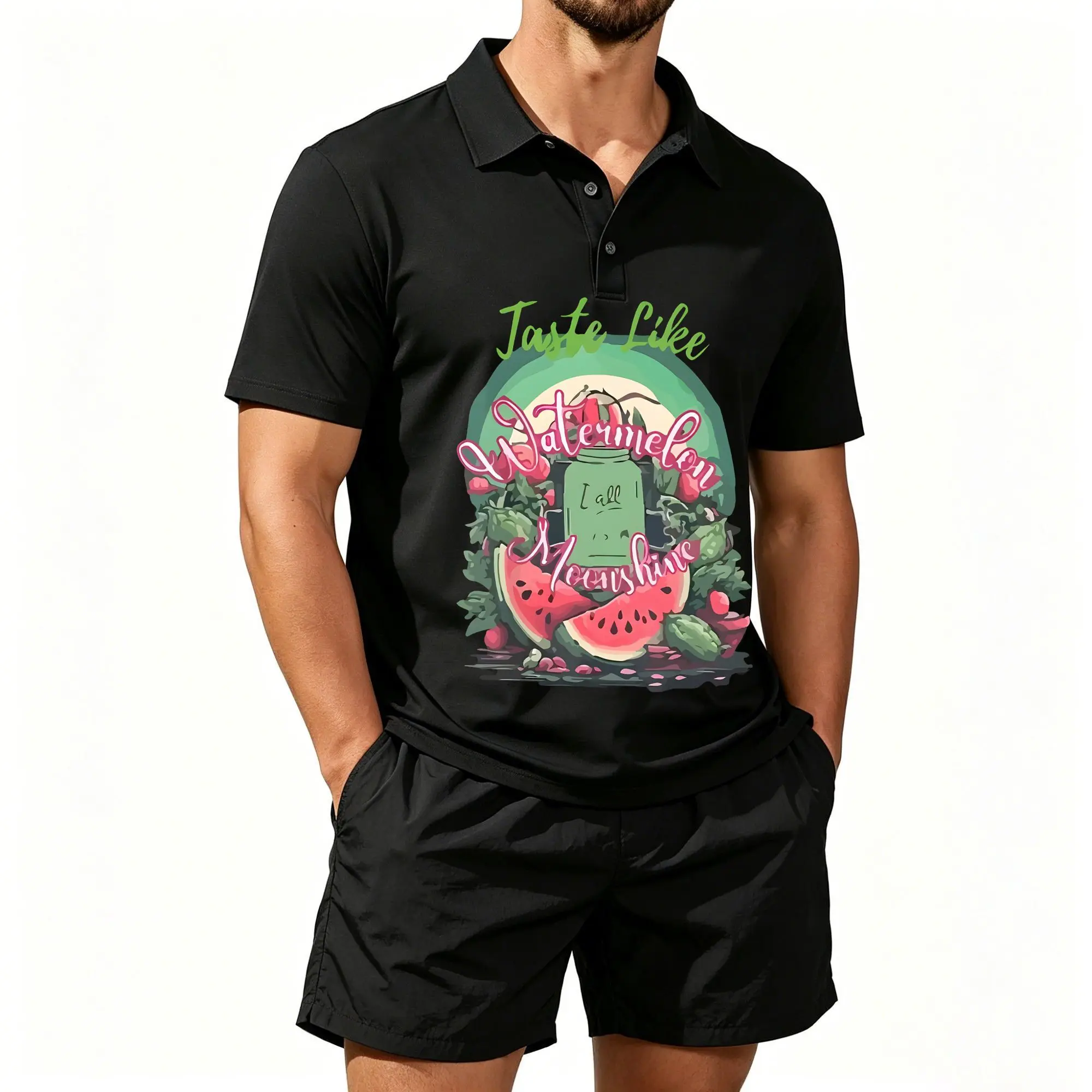 Men's Short-Sleeved Polo Set, Print: Fantasy Wildlife Enthusiasts' Moonlit Night Wolf Pack Design, Suitable for Everyday Wear and Outdoor Activities, Soft and Breathable Fabric, Machine Washable