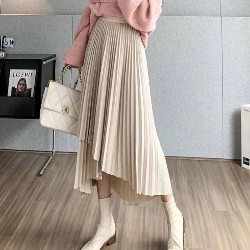 Korean Temperament High Waist Asymmetrical Pleated Skirt 2023 Summer New Style Midi Skirts Solid Color Chic Slit A-line Skirt