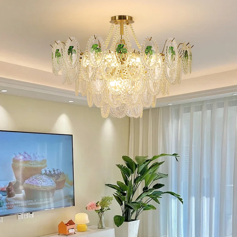 Postmodern Cream Pendant Light Luxury Crystal Glass Pearl Net Red Creative Modern Magnificent Living Room Bedroom Chandeliers